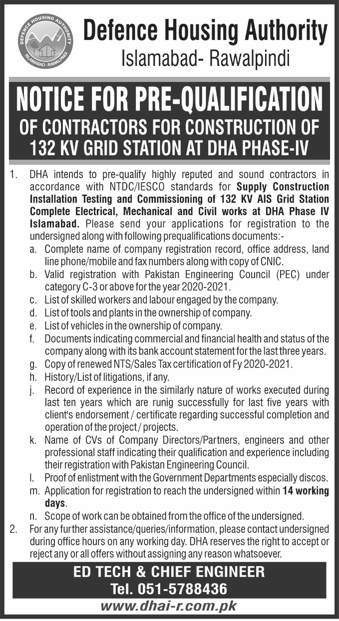Notice for Pre Qualification of Contractors for Construction