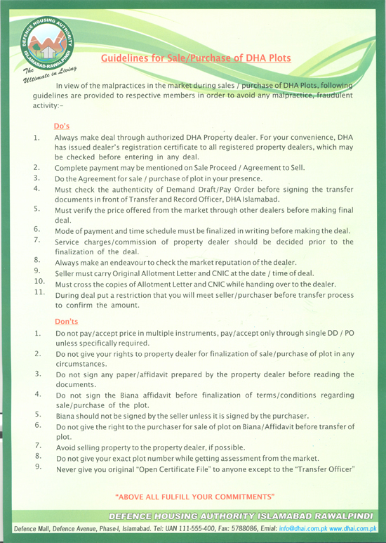 Guidelines for Sale/Purchase of DHA Plots